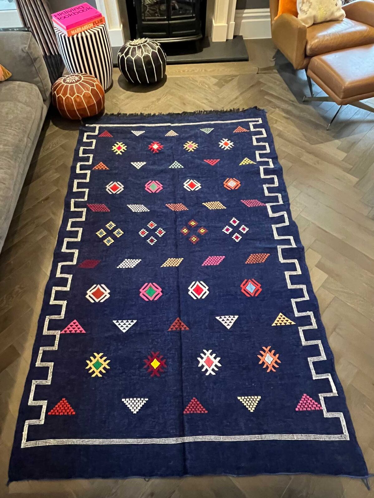 Vintage Moroccan Rug - Dark Blue Geometric