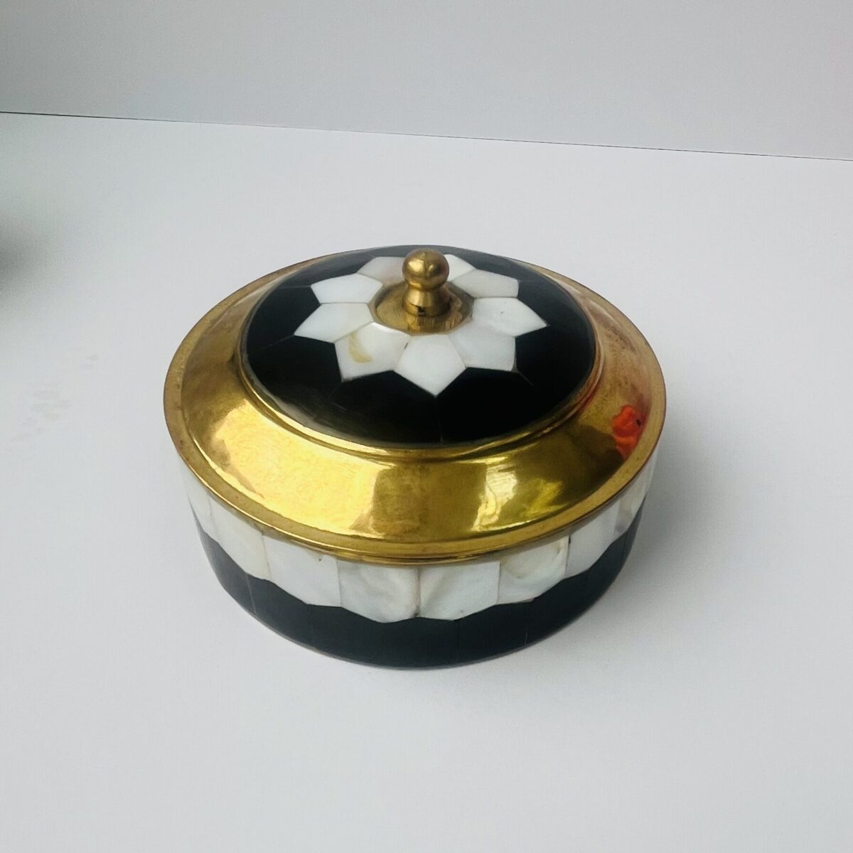 Brass, Black and White Shell inlay Trinket Pot from Marrakech Living