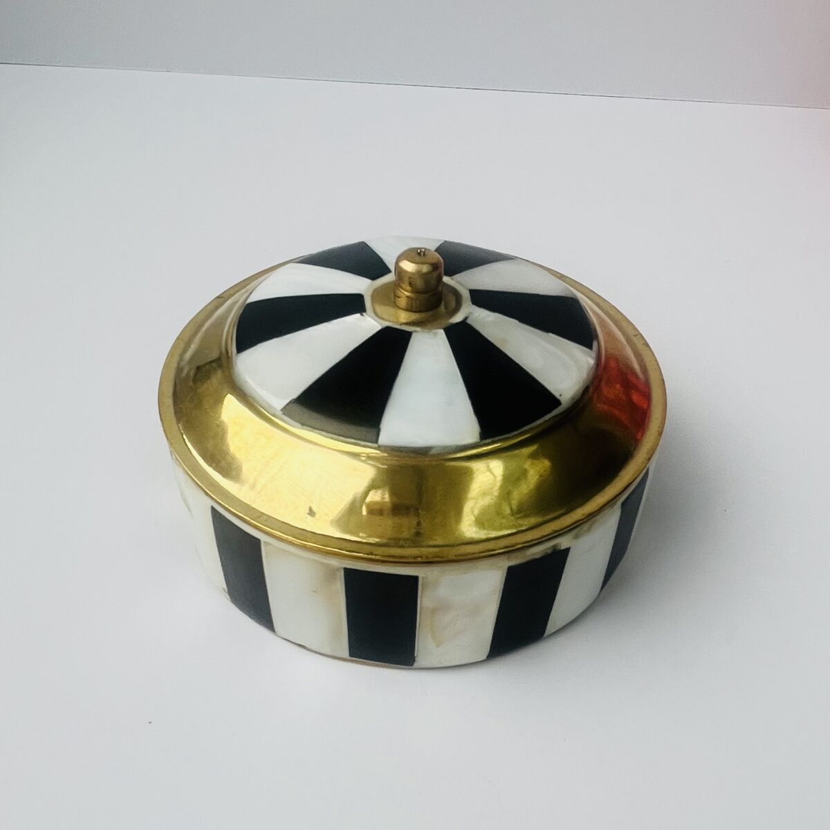 Brass, Black and White (vertical stripe) Shell inlay Trinket Pot from Marrakech Living