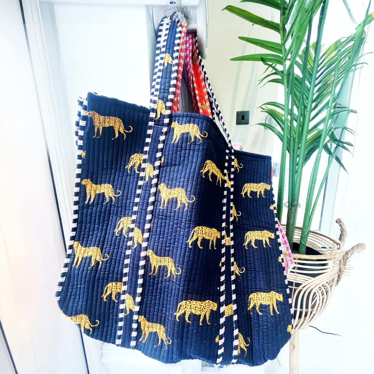 Quilted Cotton Reversible Tote Bag - Navy Blue